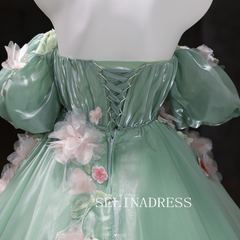 Chic Ball Gown Green Off-the-shoulder Prom Dresses Floral Evening Dress CRN068|Selinadress