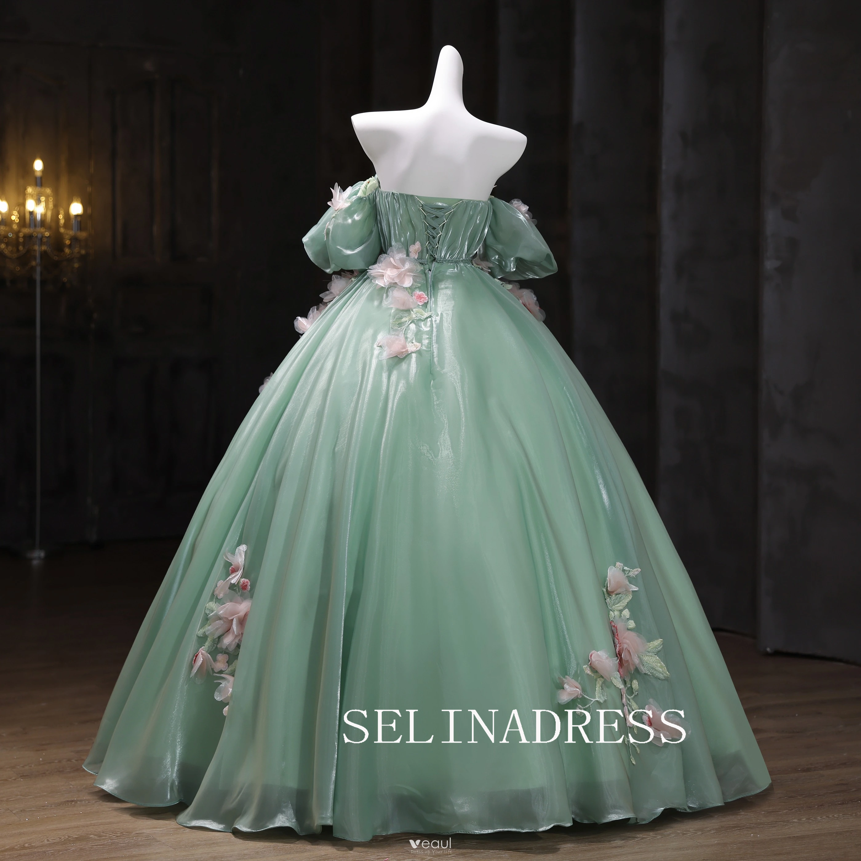 Chic Ball Gown Green Off-the-shoulder Prom Dresses Floral Evening Dress CRN068|Selinadress