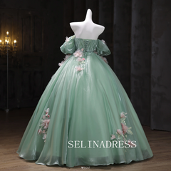 Chic Ball Gown Green Off-the-shoulder Prom Dresses Floral Evening Dress CRN068|Selinadress