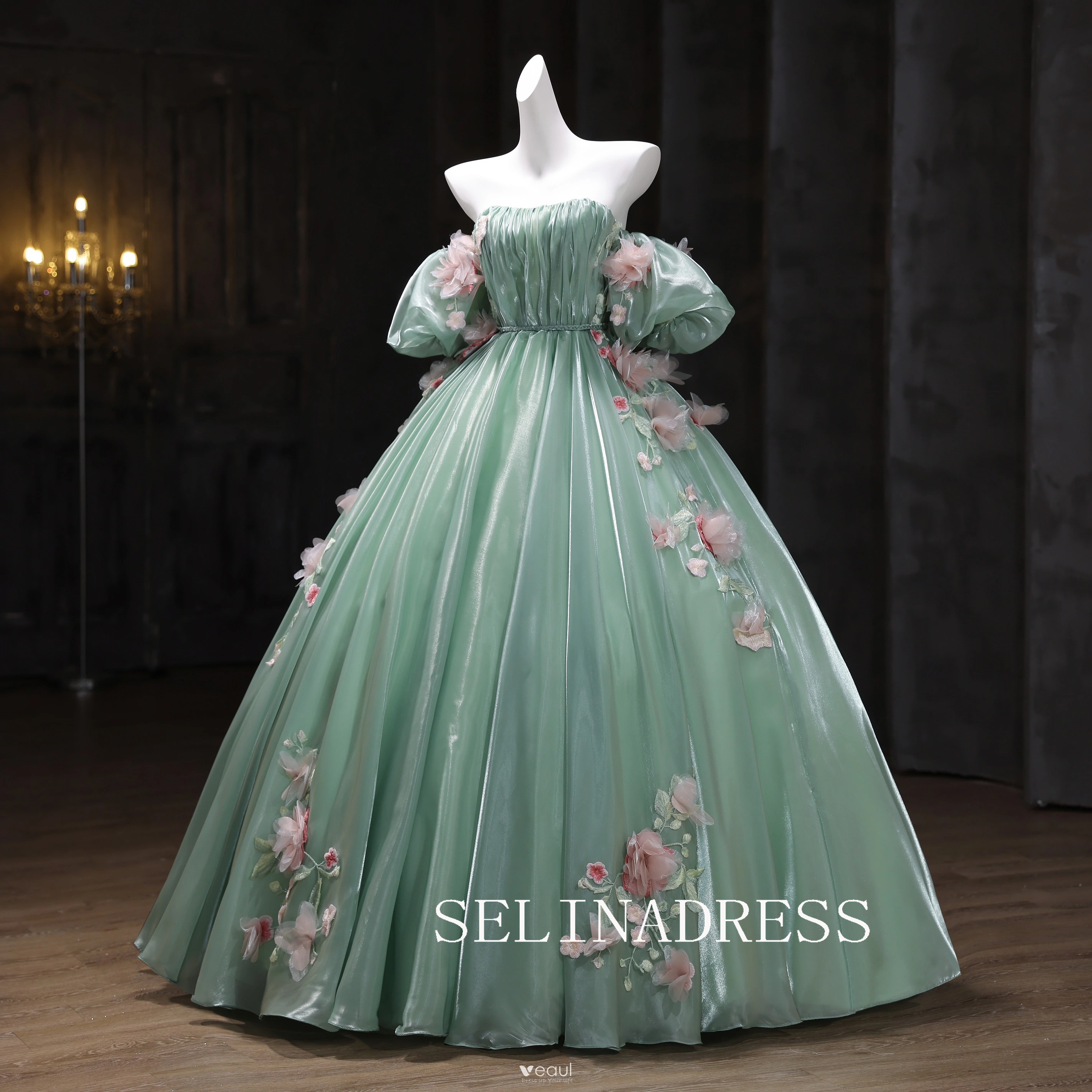 Chic Ball Gown Green Off-the-shoulder Prom Dresses Floral Evening Dress CRN068|Selinadress