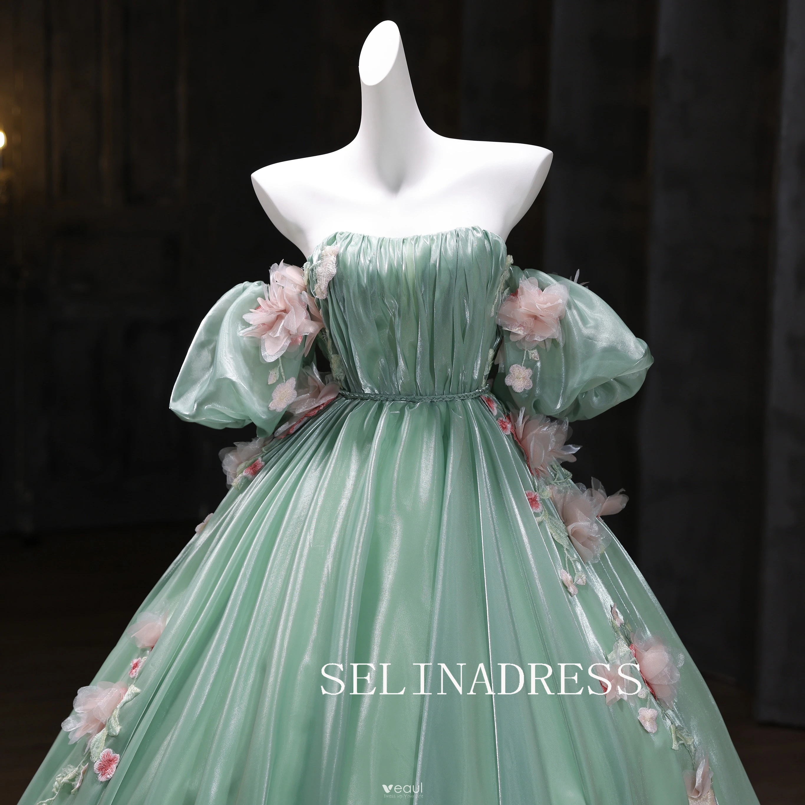 Chic Ball Gown Green Off-the-shoulder Prom Dresses Floral Evening Dress CRN068|Selinadress