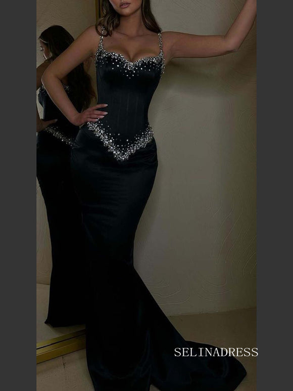 Chic Black Mermaid Elegant Long Prom Dresses Beaded Evening Dress sew03344|Selinadress