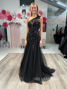 Chic Black One Shoulder Long Prom Dresses Applique Evening Dress #TKL205|Selinadress