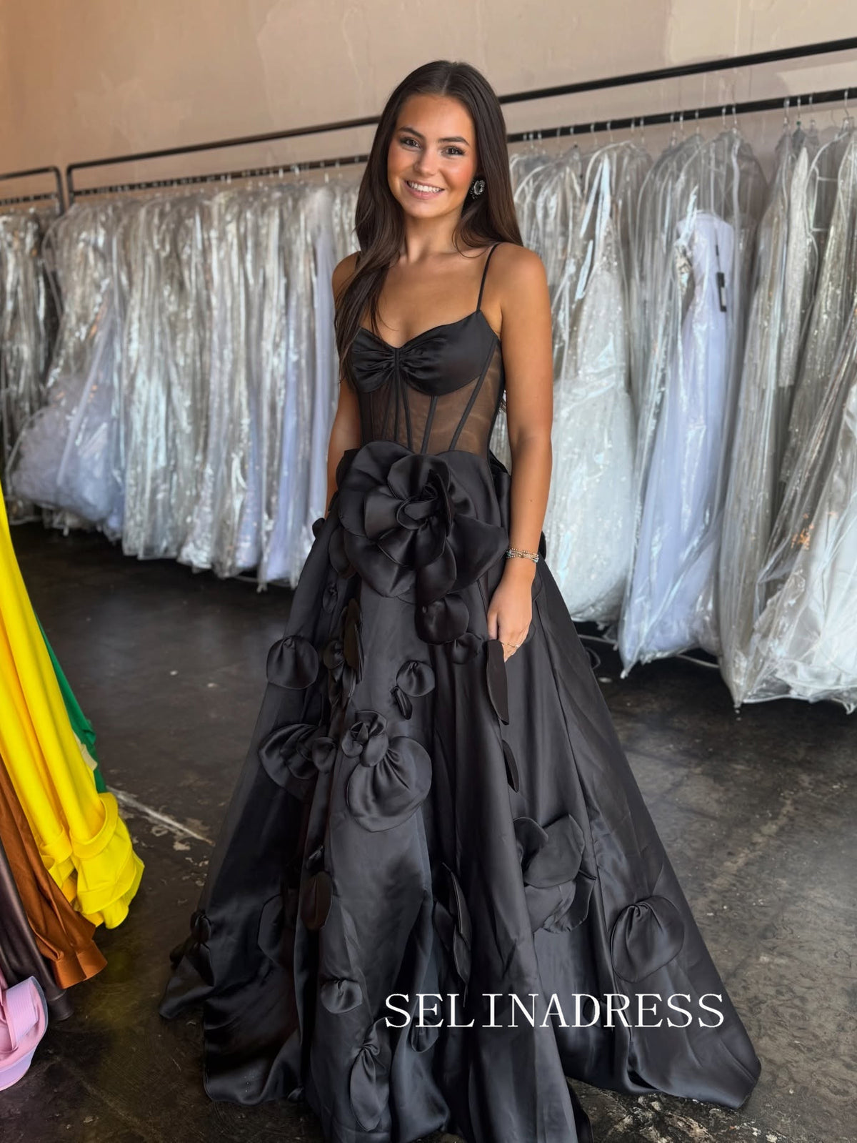 Chic Black Spaghetti Straps Prom Dresses With 3D Floral Elegant Long Formal Gowns SEA013|Selinadress