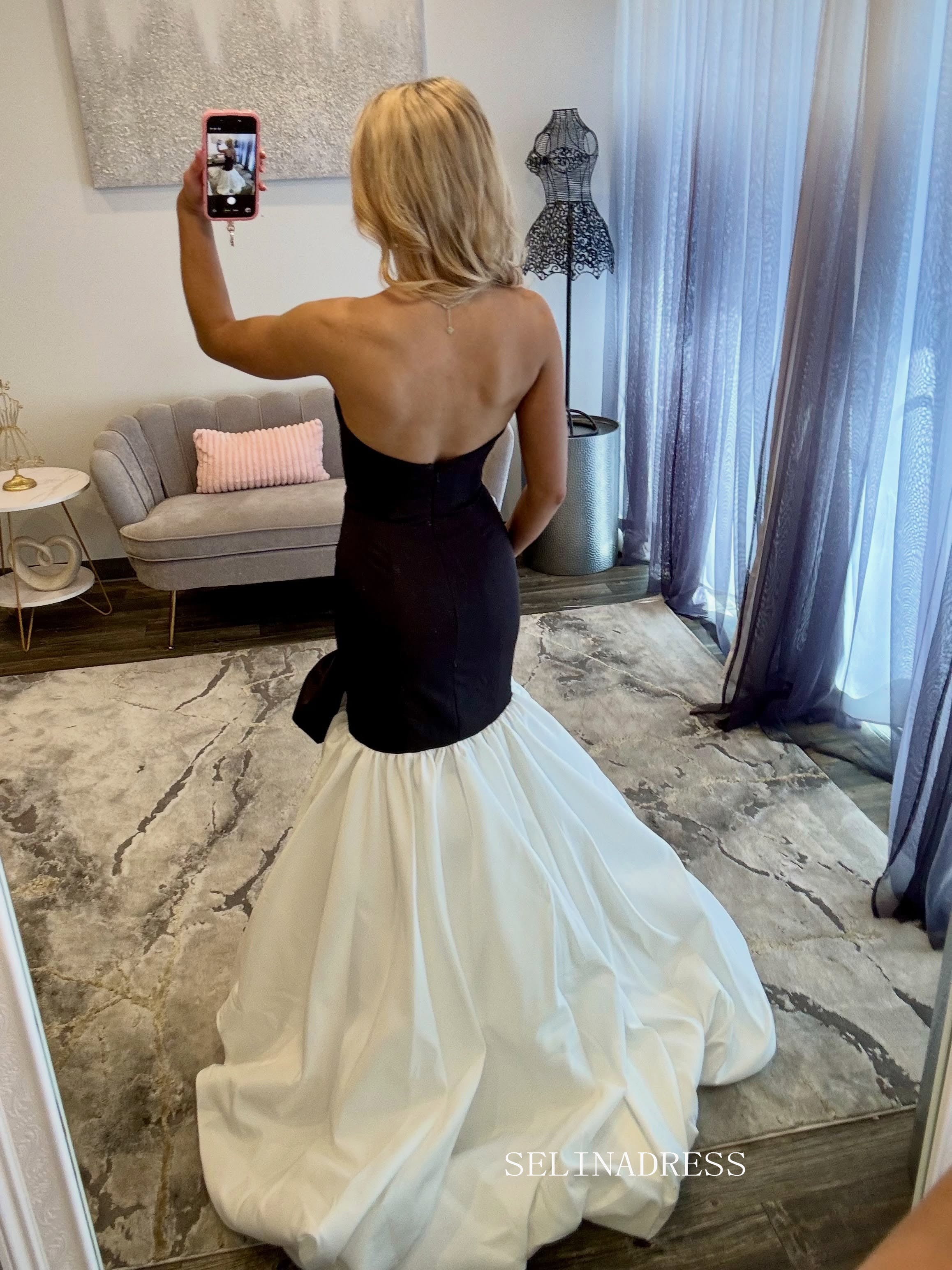 Chic Black-Top Mermaid Dress with White Flared Skirt and Waist Bow COK043|Selinadress