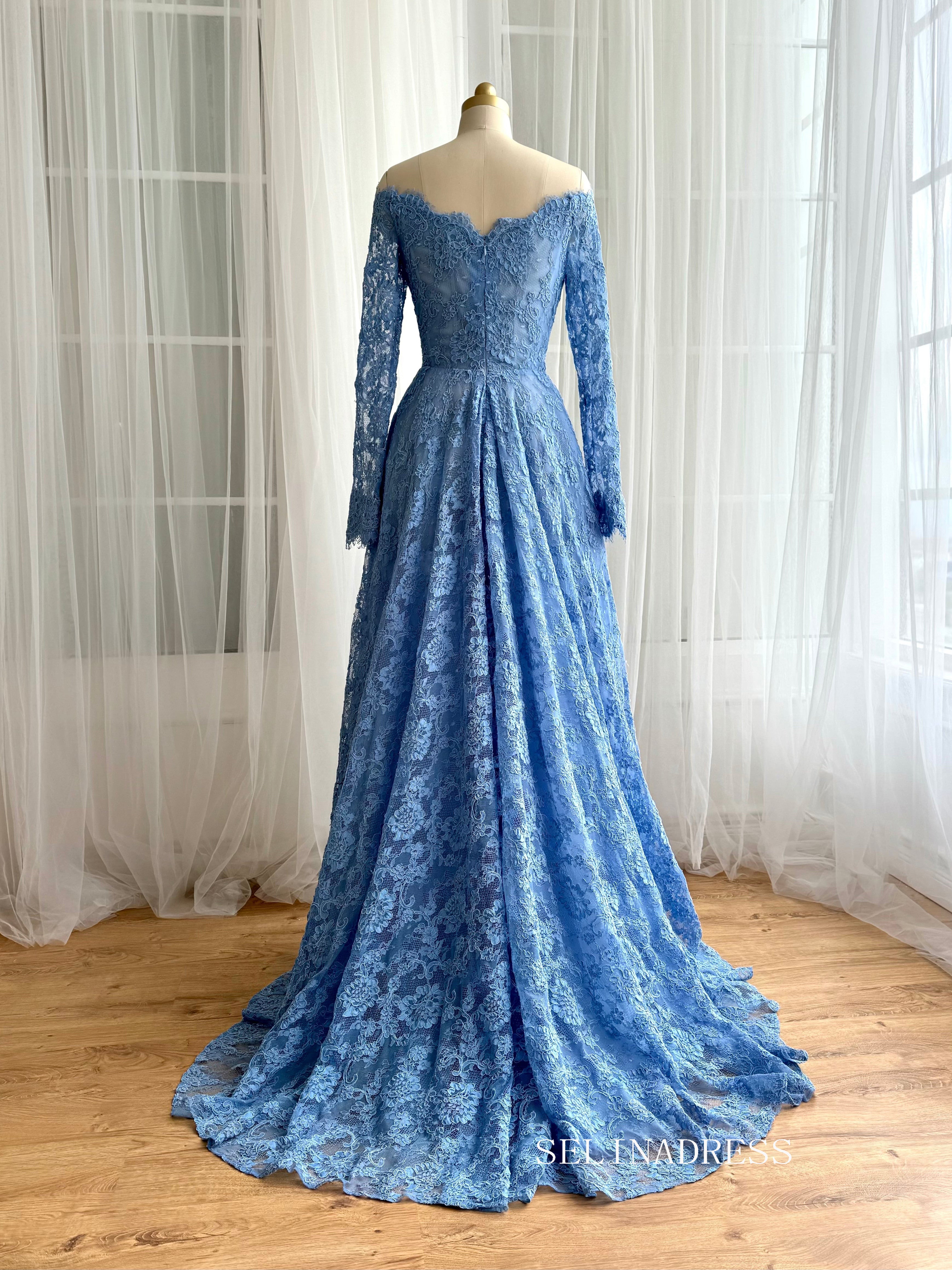 Chic Sky Blue Lace Long Prom Dresses Off-the-shoulder Long Sleeve Uniq SELINADRESS Chic Sky Blue Lace Long Prom Dresses Off-the-shoulder Long Sleeve Uniq SELINADRESS