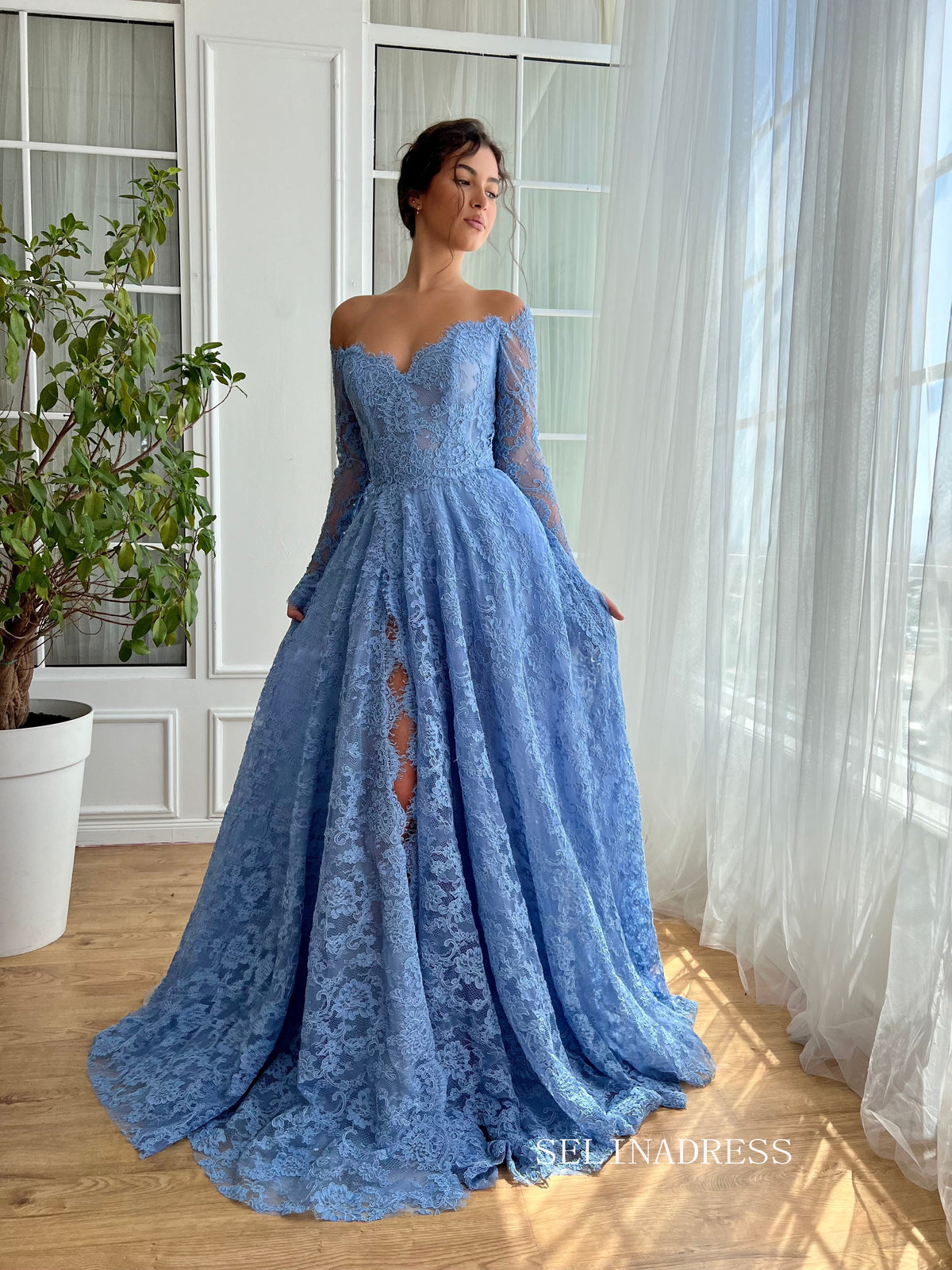 Chic Sky Blue Lace Long Prom Dresses Off-the-shoulder Long Sleeve Uniq SELINADRESS Chic Sky Blue Lace Long Prom Dresses Off-the-shoulder Long Sleeve Uniq SELINADRESS