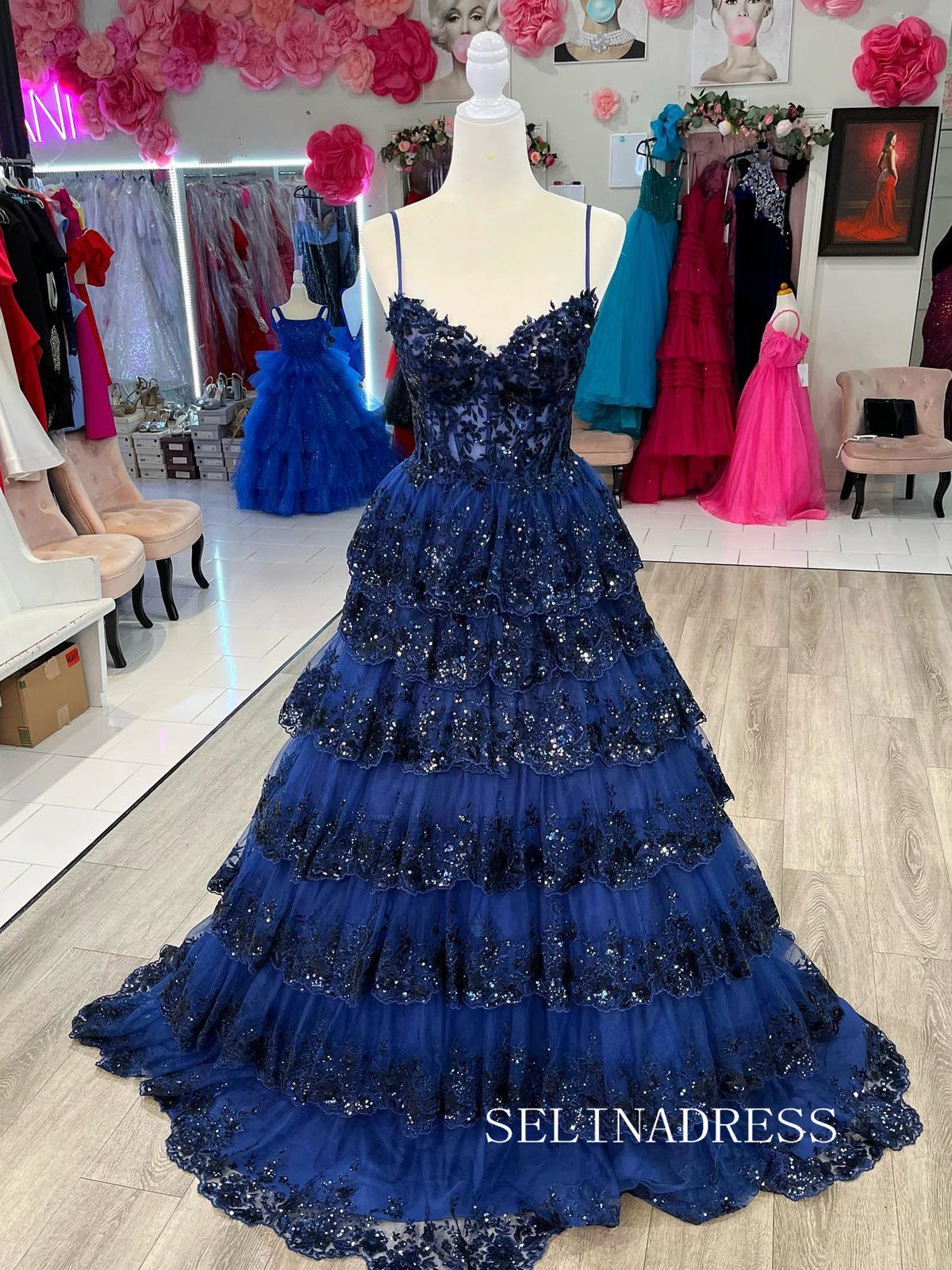 Chic Dark Navy Long Prom Dresses Sequins Lace Layered Evening Dress #T SELINADRESS Chic Dark Navy Long Prom Dresses Sequins Lace Layered Evening Dress #T SELINADRESS