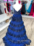 Chic Dark Navy Long Prom Dresses Sequins Lace Layered Evening Dress #TKL208|Selinadress