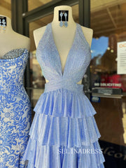 Chic Deep V neck Blue Prom Dresses With Rhinestone Elegant Long Formal Gowns SEA007|Selinadress