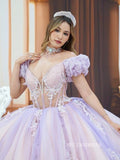 Chic Deep V neck Lilac Ball Gown Wedding Dresses Puff Sleeve Quincedress Rhinestone Evening Gowns LPK107|Selinadress