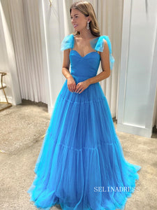 Chic Elegant A-line Long Prom Dresses Gorgeous Blue Cheap Evening Dress lpk135