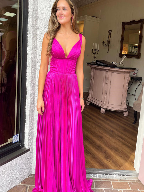 Chic Elegant A-line Long Prom Dresses Ruffles Fuchsia Evening Dress sew0311|Selinadress