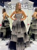 Chic Elegant A-line Strapless Black Long Prom Dresses Cheap Evening Dress lpk153|Selinadress