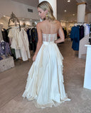 Chic Elegant A-line Strapless Ivory Long Prom Dresses Thigh Split Evening Dress lpk154|Selinadress