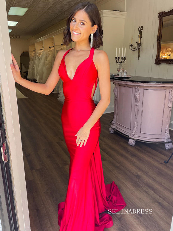 Chic Elegant Mermaid Long Prom Dresses Red Simple Evening Dress sew0310|Selinadress