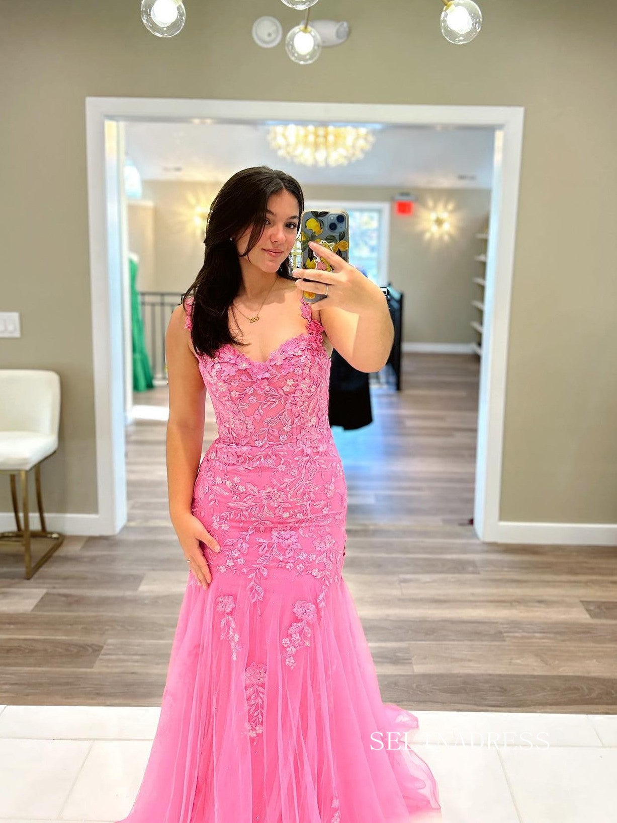 Chic Elegant Mermaid Straps Long Prom Dresses Lace Applique Evening Go SELINADRESS Chic Elegant Mermaid Straps Long Prom Dresses Lace Applique Evening Go SELINADRESS