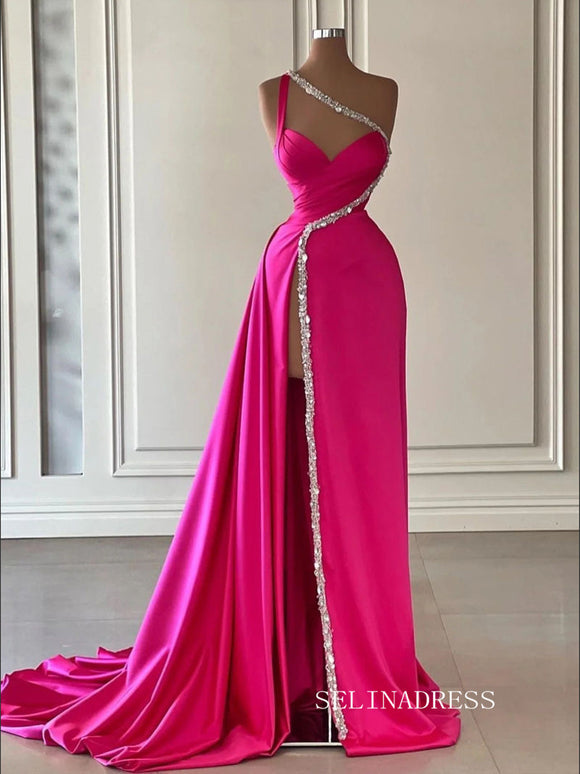 Chic Elegant One Shoulder High Split Long Prom Dresses Fuchsia Evening Dress SEW0204|Selinadress