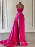 Chic Elegant One Shoulder High Split Long Prom Dresses Fuchsia Evening Dress SEW0204|Selinadress