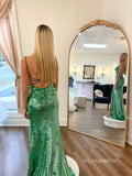 Chic Elegant Spaghetti Straps Long Prom Dresses Sage Sequins Evening Dress sew0316|Selinadress