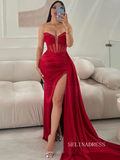 Chic Elegant Strapless V neck Long Prom Dresses High Split Red Evening Dress sew0310|Selinadress