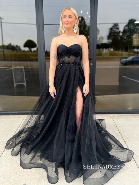 Chic Elegant Sweetheart Long Prom Dresses Black Tulle Evening Gown lpk136|Selinadress