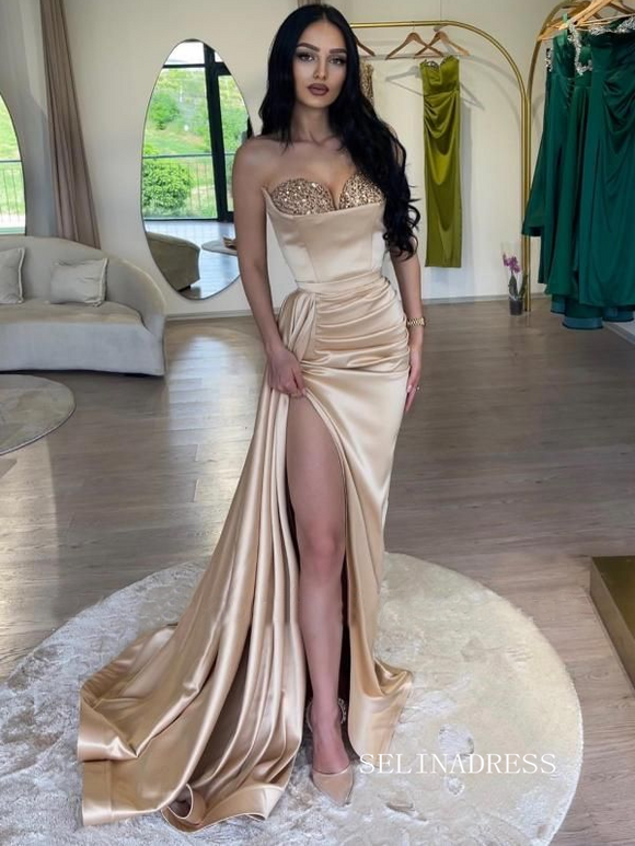 Chic Elegant Sweetheart Long Prom Dresses Hight Split Beaded Evening Dress sew0314|Selinadress