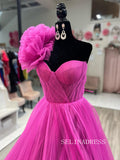 Chic Fuchsia One Shoulder Long Prom Dresses Ruffles Evening Dress #TKL204|Selinadress