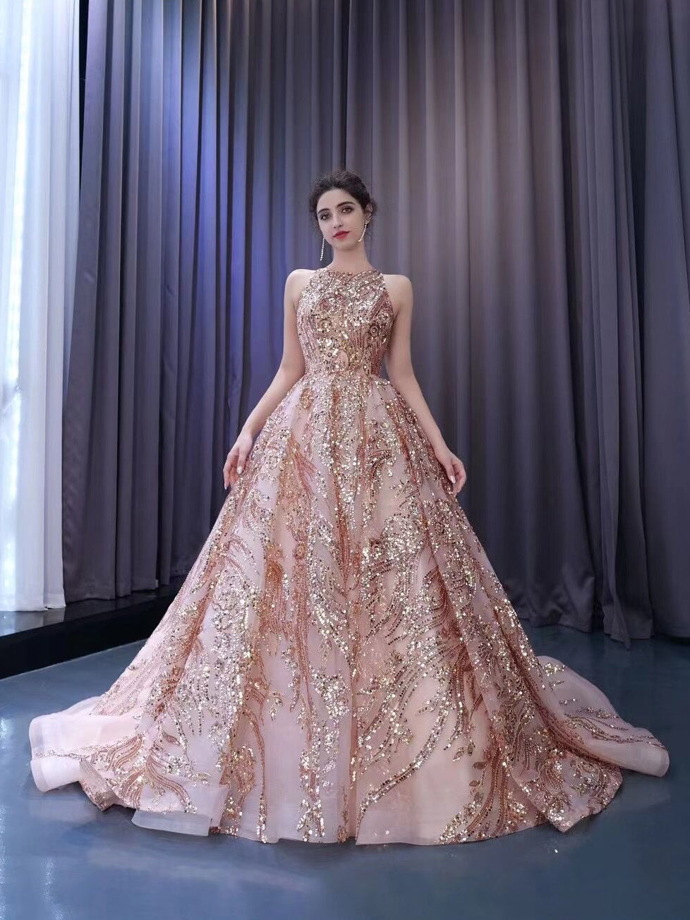 Chic Gorgeous Pink Ball Gown Formal Gown Shiny Long Prom Dress Elegant – SELINADRESS