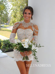 Chic High Neck Short Prom Dress With Rhinestone Wedding Guest Dress KIL001|Selinadress