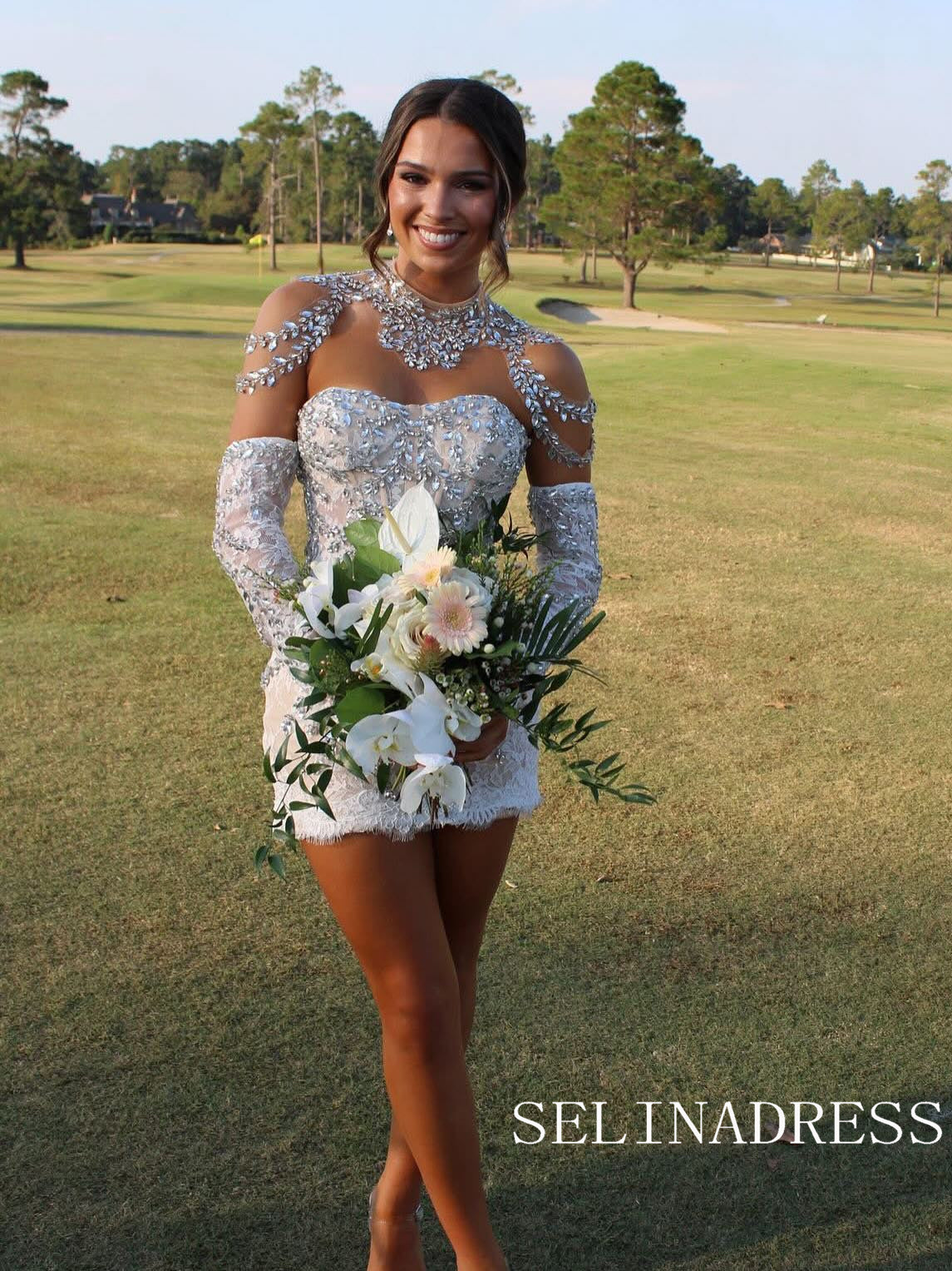 Chic High Neck Short Prom Dress With Rhinestone Wedding Guest Dress KI SELINADRESS Chic High Neck Short Prom Dress With Rhinestone Wedding Guest Dress KI SELINADRESS
