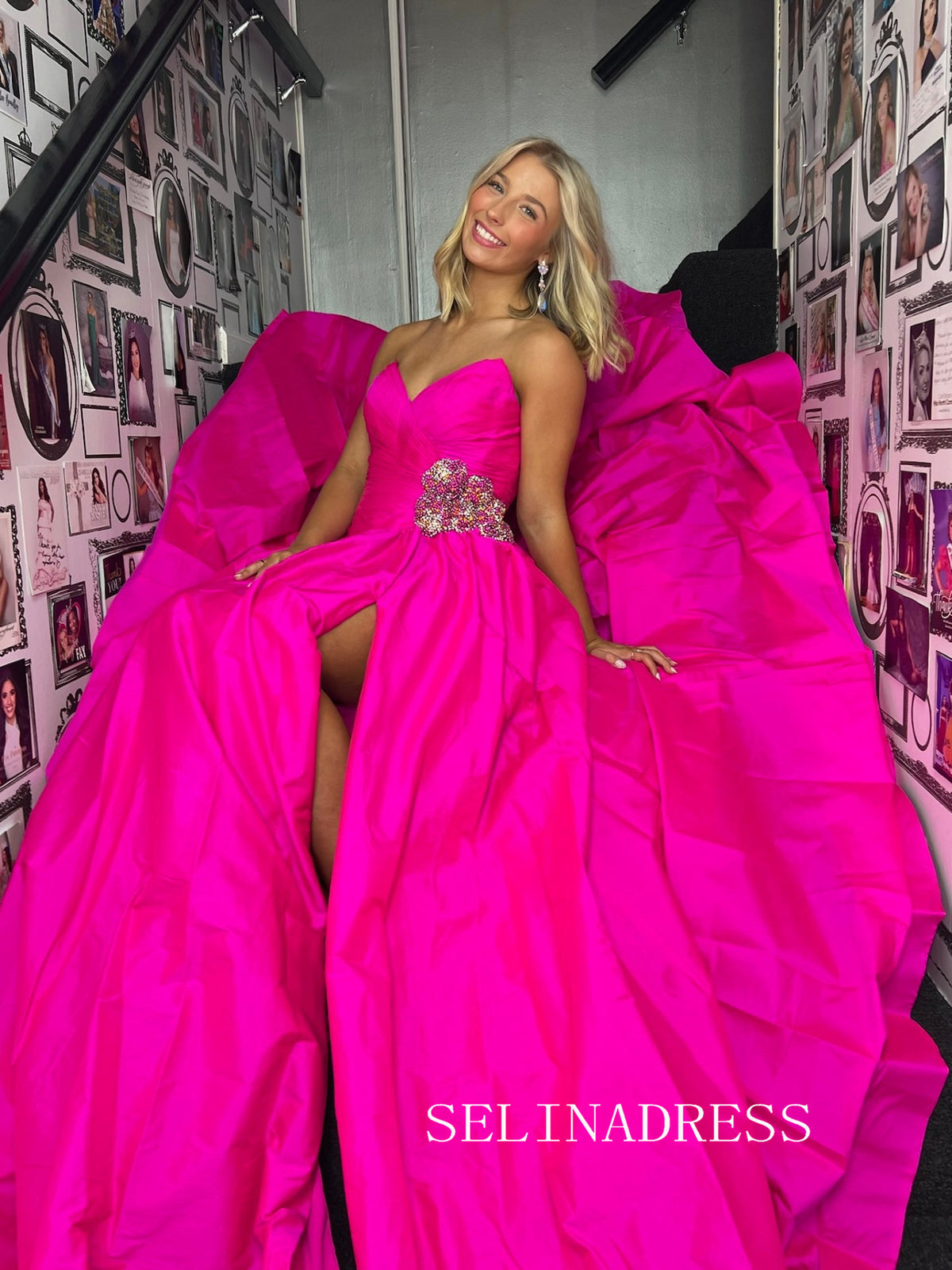 Chic Hot Pink Strapless Prom Dresses Elegant Long Formal Gowns SEA014|Selinadress