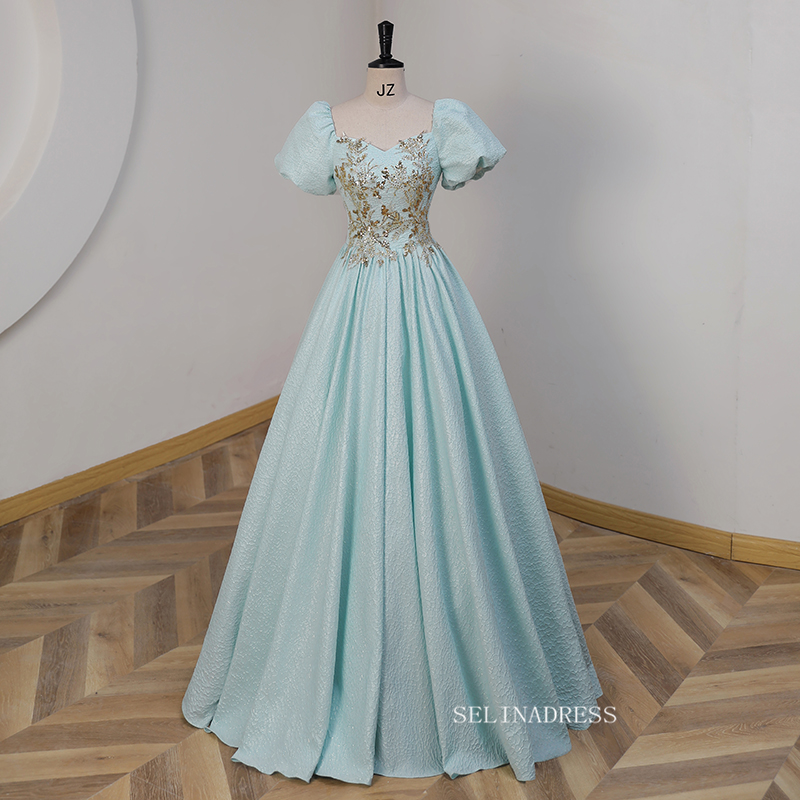 Chic Light Blue Long Prom Dress Puff Sleeve Elegant Long Formal Dress SELINADRESS Chic Light Blue Long Prom Dress Puff Sleeve Elegant Long Formal Dress SELINADRESS