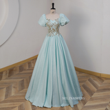 Chic Light Blue Long Prom Dress Puff Sleeve Elegant Long Formal Dress Princess Dress #kop126|Selinadress