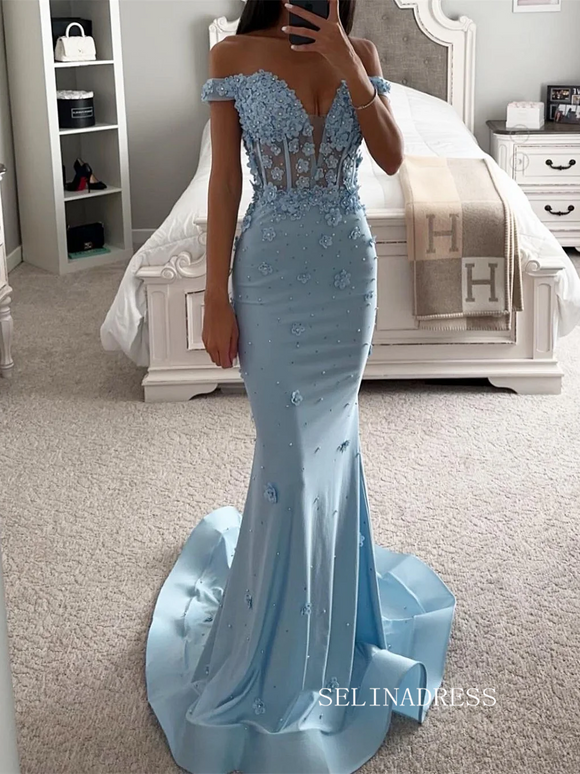 Chic Light Sky Blue Long Prom Dresses Elegant Flower Mermaid Evening Dress sew0213|Selinadress