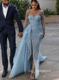 Chic Long Sleeve Evening Prom Gowns Light Sky Blue Elegant Evening Dress SEW0162|Selinadress