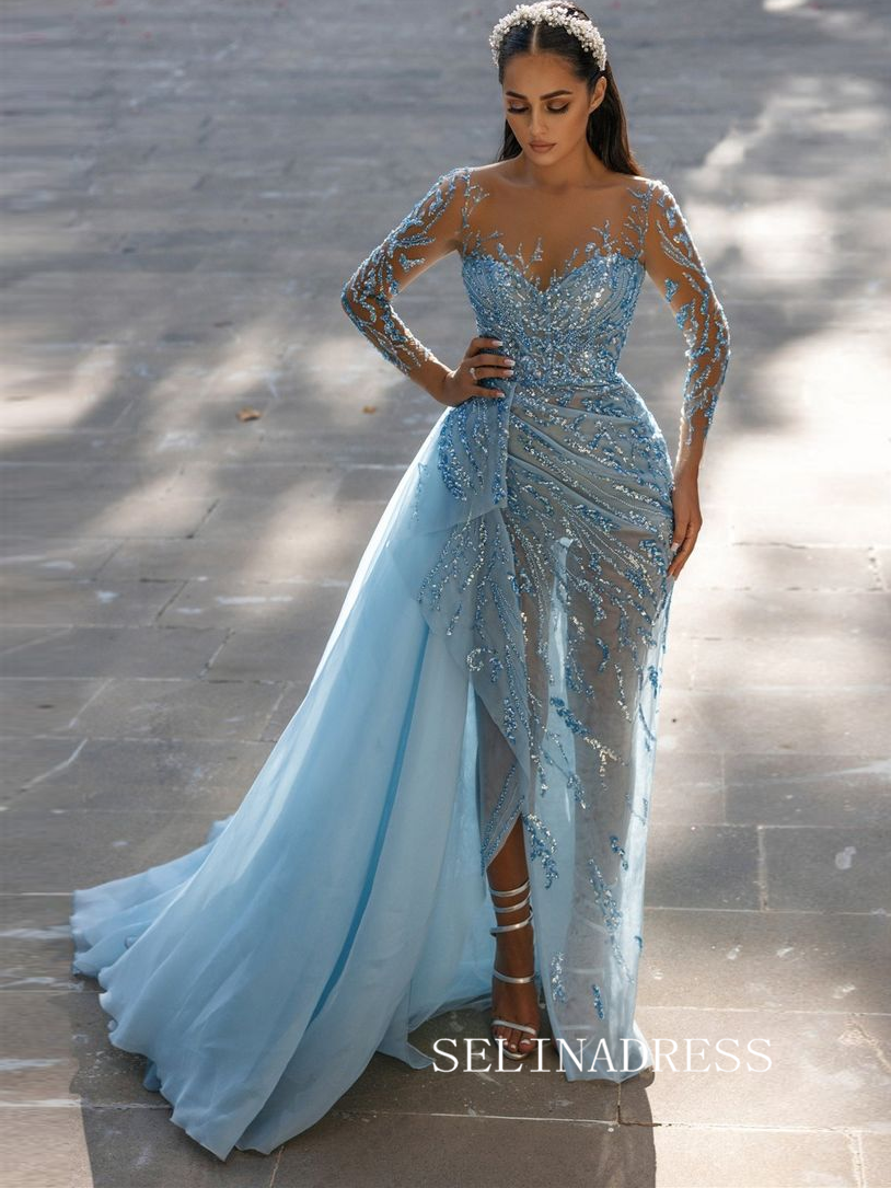 teal long sleeve prom dress Long Sleeve Jewel Prom Dress - Teal Mermaid Style with Satin Appliques