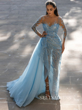 Chic Long Sleeve Evening Prom Gowns Light Sky Blue Elegant Evening Dress SEW0162|Selinadress