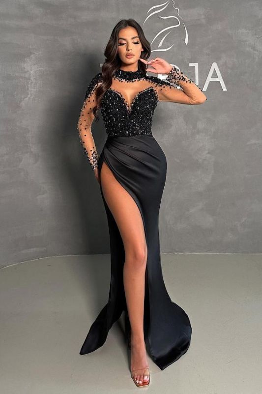Chic Long Sleeves Black Mermaid Prom Dress Beadings High Neck Satin Evening Dress with Side Slit #SEK196|Selinadress