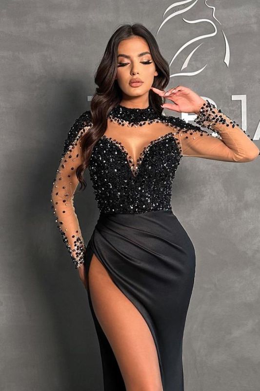 Chic Long Sleeves Black Mermaid Prom Dress Beadings High Neck Satin Ev SELINADRESS Chic Long Sleeves Black Mermaid Prom Dress Beadings High Neck Satin Ev SELINADRESS