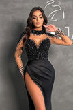 Chic Long Sleeves Black Mermaid Prom Dress Beadings High Neck Satin Evening Dress with Side Slit #SEK196|Selinadress