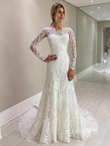 Chic Mermaid Bateau Long Sleeve Lace Wedding Dress Rustic Vintage Bridal Dresses lpk130|Selinadress