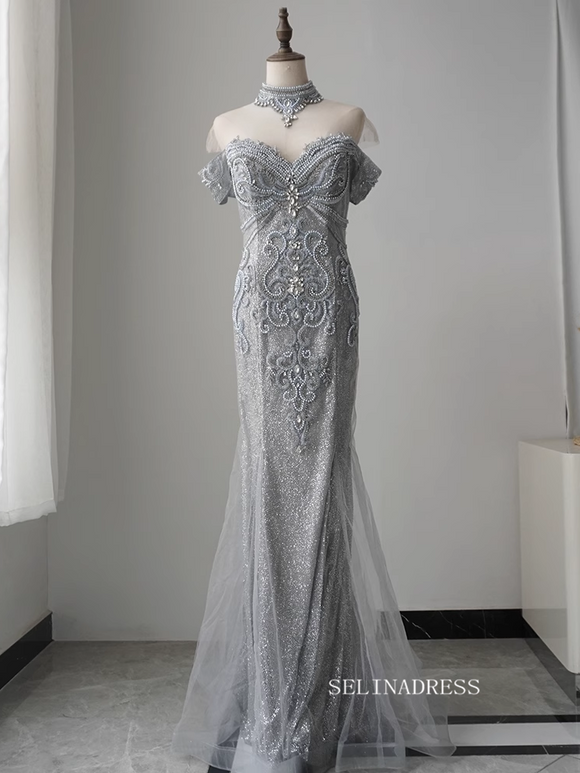 Chic Mermaid Beaded Long Prom Dress Elegant Silver Evening Dress #KOP002|Selinadress
