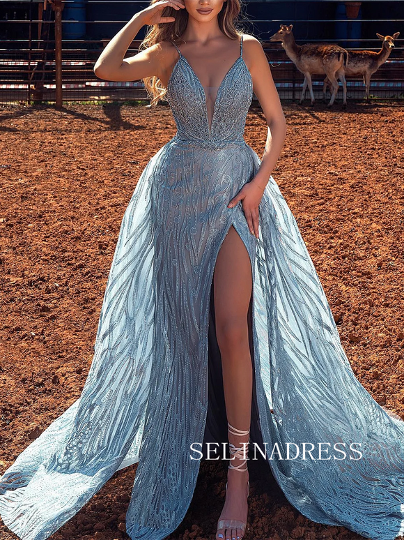 Chic Mermaid Beaded Prom Dresses Overskirt Light Sky Blue Long Evening Gowns TKH011|Selinadress