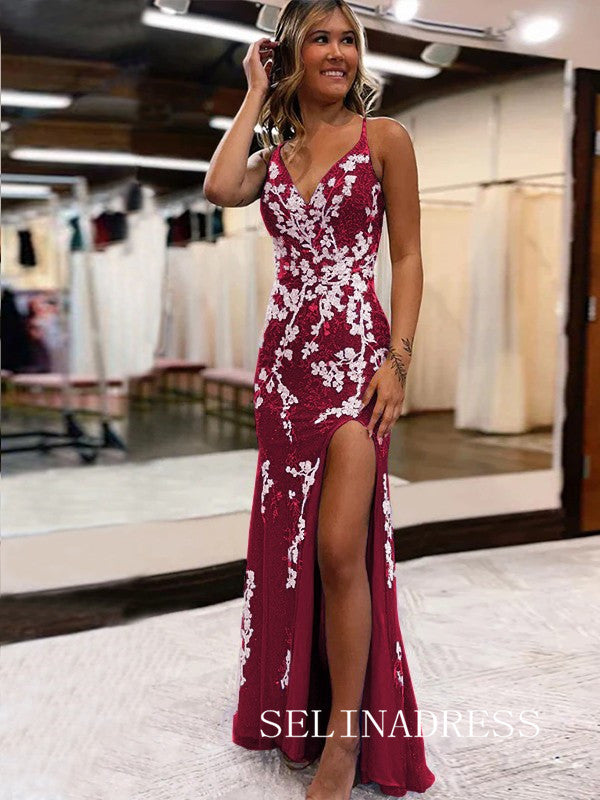 Chic Mermaid Black Applique Long Prom Dresses Evening Dress With Slit SELINADRESS Chic Mermaid Black Applique Long Prom Dresses Evening Dress With Slit SELINADRESS