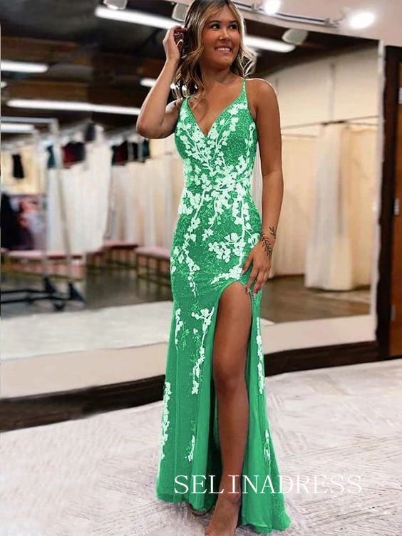 Chic Mermaid Black Applique Long Prom Dresses Evening Dress With Slit SELINADRESS Chic Mermaid Black Applique Long Prom Dresses Evening Dress With Slit SELINADRESS