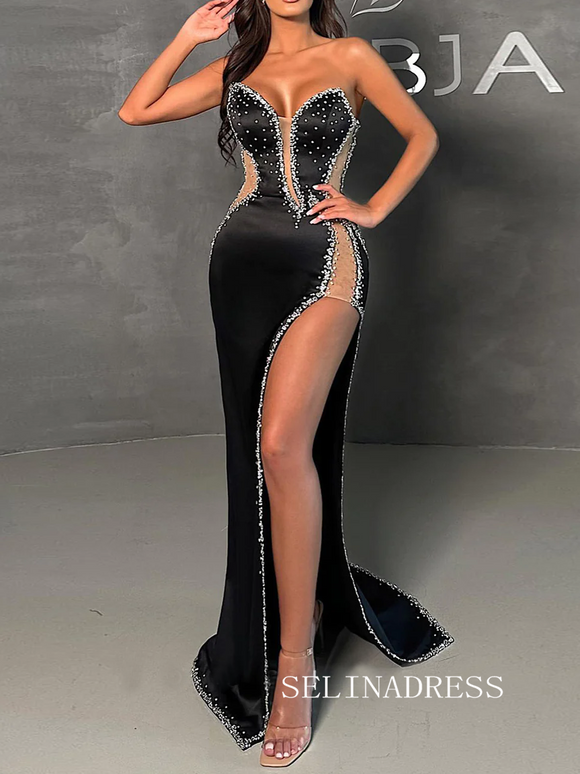 Chic Mermaid Black Long Prom Dresses Elegant High Split Evening Formal Gowns SEW0174|Selinadress