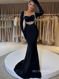 Chic Mermaid Black Long Prom Dresses Elegantt Long Sleeve Evening Dress sew0216|Selinadress