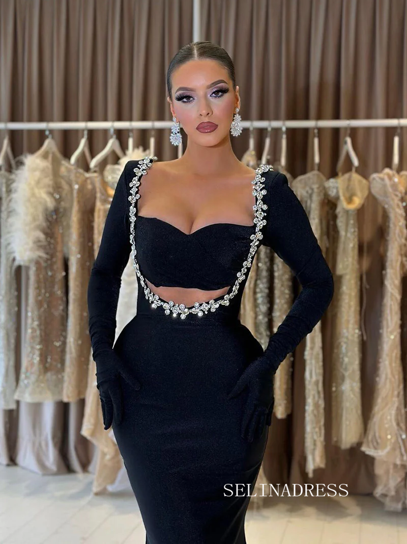 Chic Mermaid Black Long Prom Dresses Elegantt Long Sleeve Evening Dres