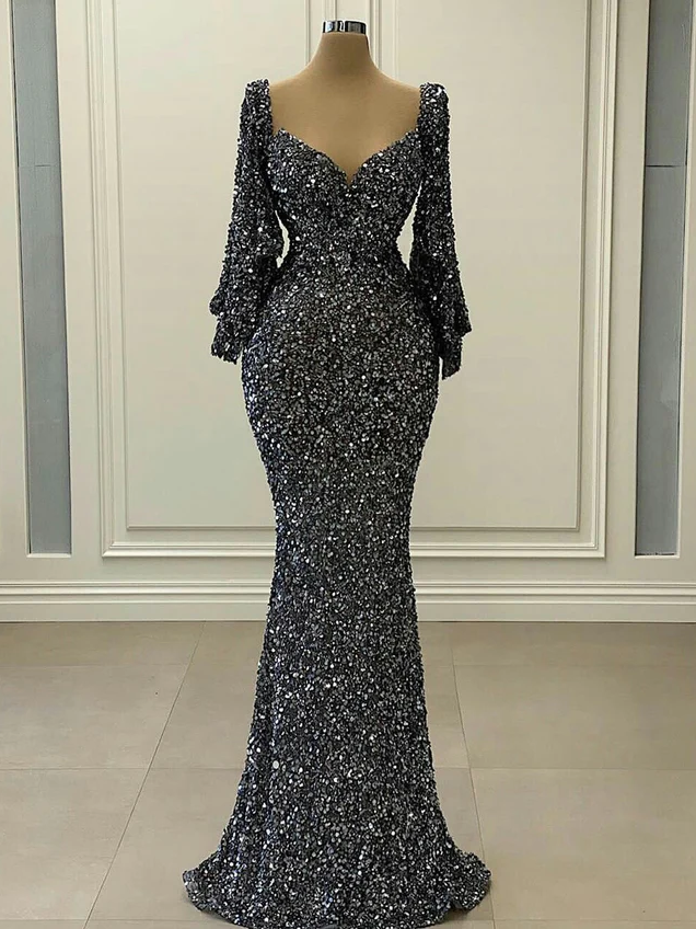 Chic Mermaid Black Long Sleeve Prom Dresses Glitter Sequins Evening Dr –  SELINADRESS